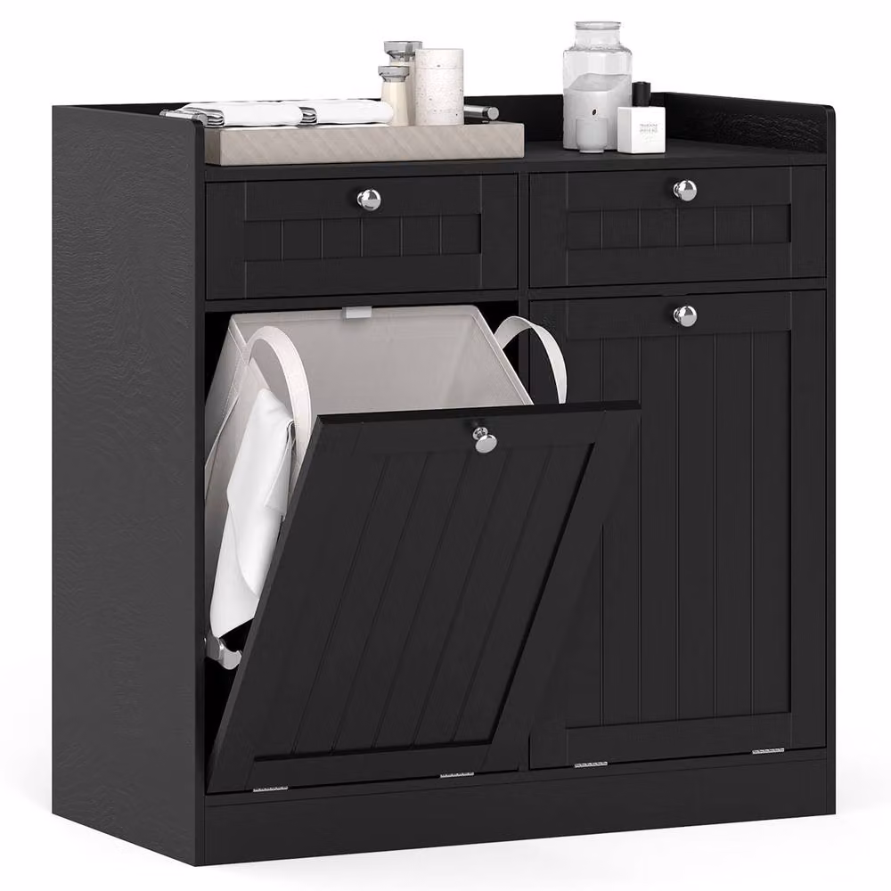 Costway Black Tilt-Out Laundry Hamper Cabinet and Bathroom Storage Unit with 2 Drawers – 3