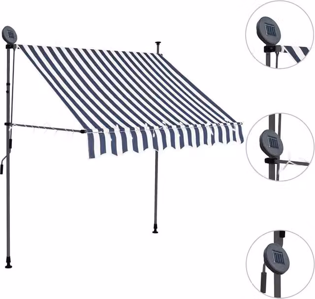 Berkfield Home Manual Retractable Striped Awning with LED, Blue and White, W: 200 cm, D: 120 cm