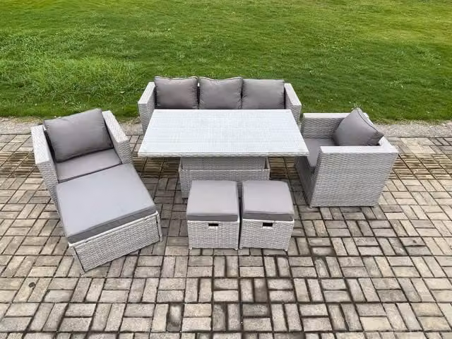Fimous Modern Rattan Garden Furniture Set with Adjustable Rising Lifting Dining Table in Light Grey