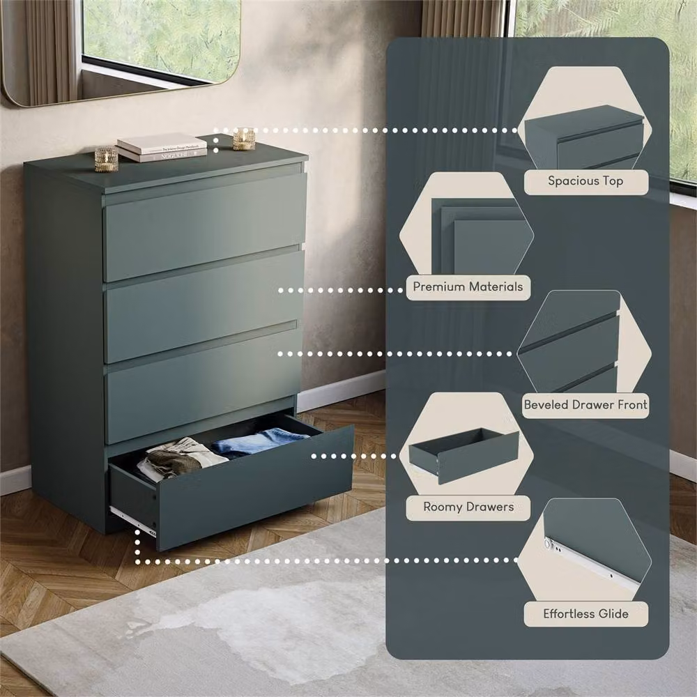 FORGEVIO Green Modern 4 Drawer Bedroom Chest of Drawers – 3
