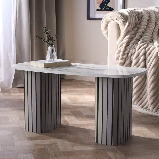 OHS Madison Ribbed Oval Coffee Table and Side Table in Grey – 1