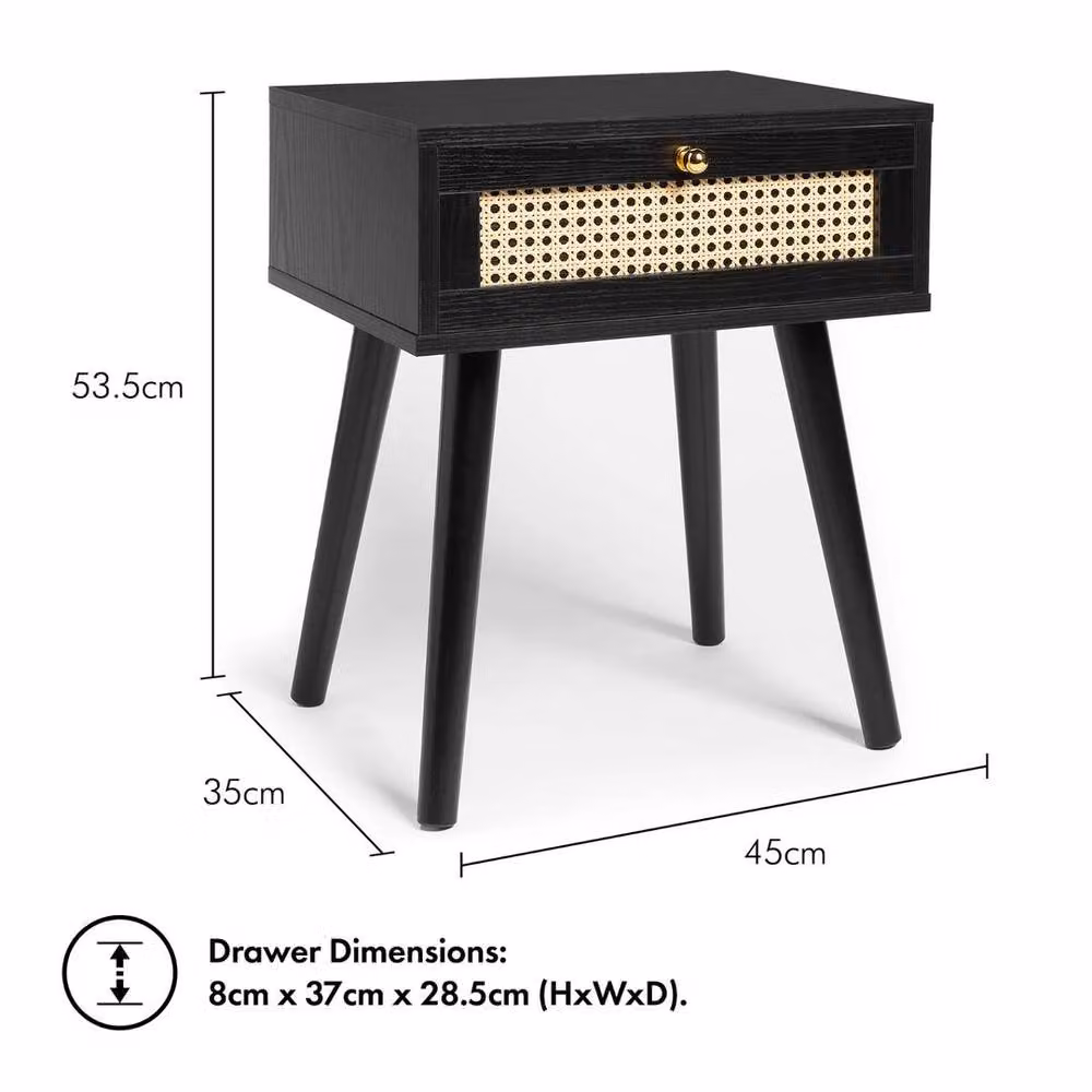 NESTLUNE Set of 2 Black and Gold Cane Drawer Side Tables and Bedside Tables W/D/H: 100 x 15 x 15 cm – 2