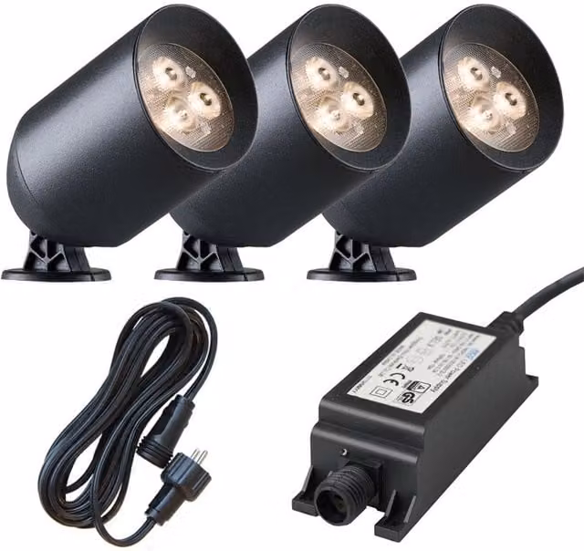 Ludeco Stig Spotlight 12V 3 Light Kit in Black with Stainless Steel and Glass Cylinders