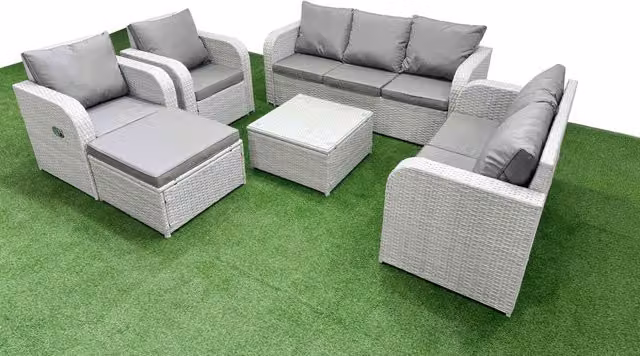 Fimous PE Rattan Garden Furniture Set in Light Grey with 2 Seater Sofa, Adjustable Chairs, Square Coffee Table and Large Footstool