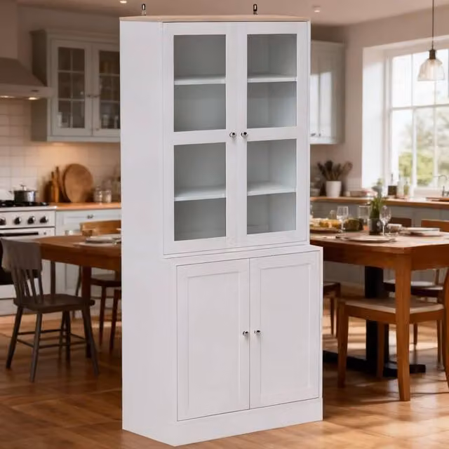 ERGOVEXA Modern Double Storage Display Cabinet in White with Glass Doors and Adjustable Shelves