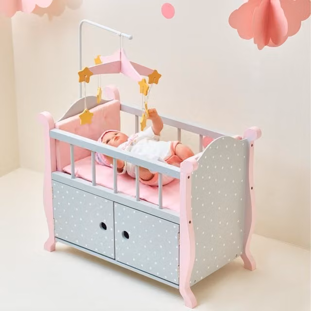 Teamson Kids Baby Doll Crib with Storage, Star Mobile and Bedding in Grey and Pink