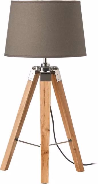 Orsina Modern Tripod Table Lamp with Grey Fabric Shade and Wood and Black Metal Base, H 66 cm x W 30 cm x D 30 cm – 1