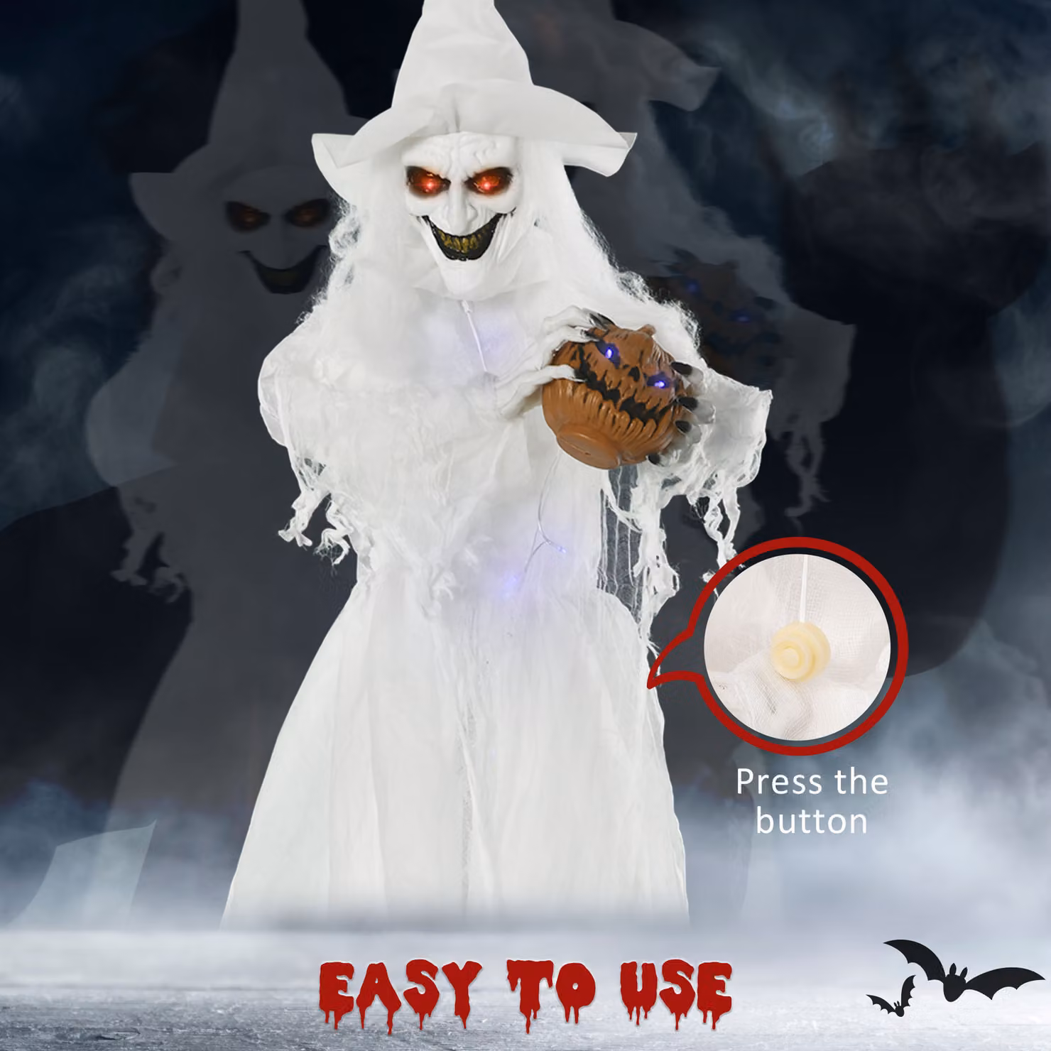 Outsunny White Witch Halloween Decoration, Life Size Standing Skeleton Ghost Prop with Motion Activated Light Up Eyes, Height: 182.88 cm – 4