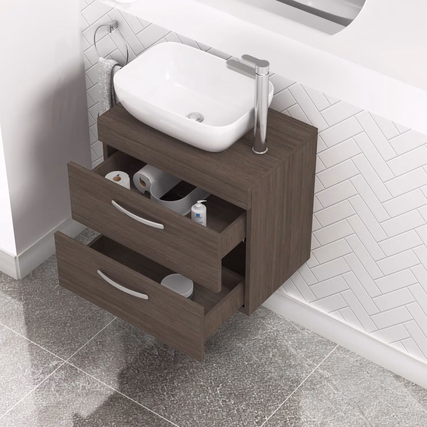 Royal Bathrooms Grey Elm Wall Hung Vanity Unit with 2 Soft Close Drawers and Elva Countertop Basin, Width: 60 cm
