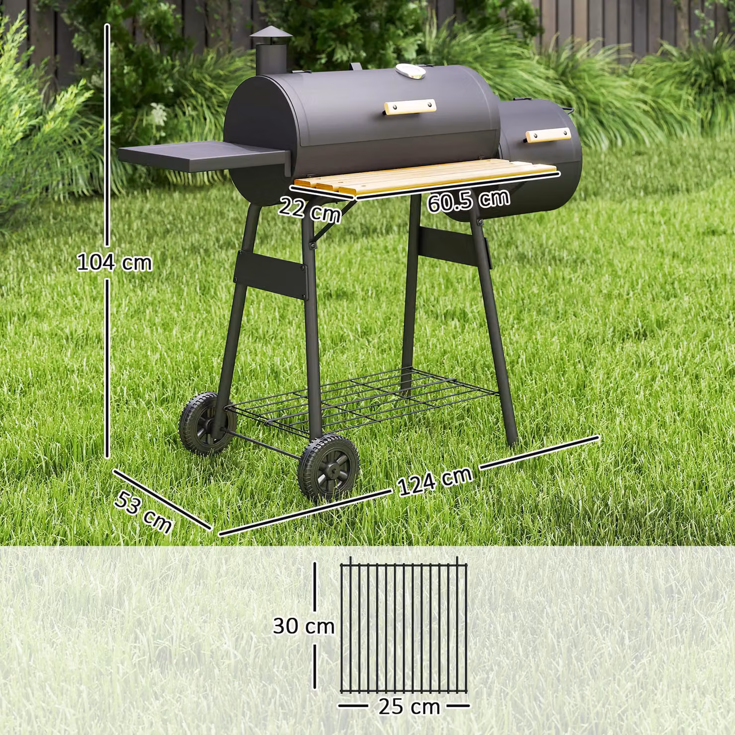 Outsunny Portable Charcoal BBQ Grill and Steel Offset Smoker Combo with Thermometer and Wheels, Black, W/D/H: 124 x 53 x 104 cm – 4