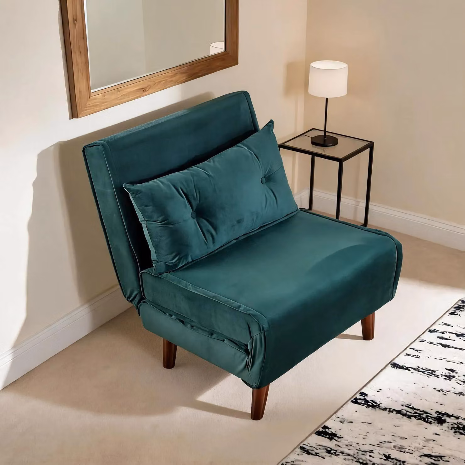 Home Source Double Sofa Bed in Bottle Green Velvet with Wooden Legs and Two Pillows – 2