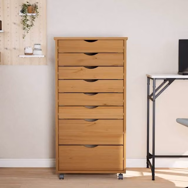 Berkfield Home Rolling Cabinet with Drawers in Moss Honey Brown Solid Wood Pine, W/D/H: 53 x 39 x 103 cm