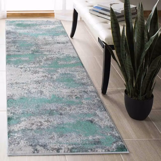 Serdim Rugs Emperor Onyx Abstract Area Rug Runner in Turquoise and Green, W: 60 cm, L: 220 cm