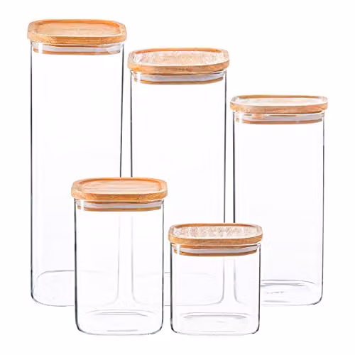 Argon Tableware Square Glass Storage Jar Set with Airtight Wooden Lids in Transparent