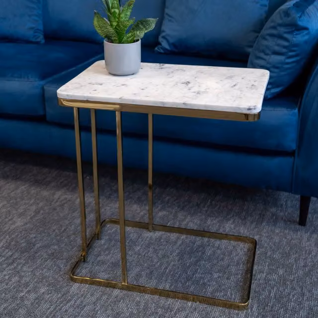 FurnitureboxUK Alissa C Shaped Coffee Table in White Marble and Gold Brass