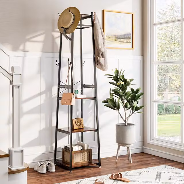 Komore Industrial Metal Clothes Rail and Dual Hook Matrix in Brown and Black