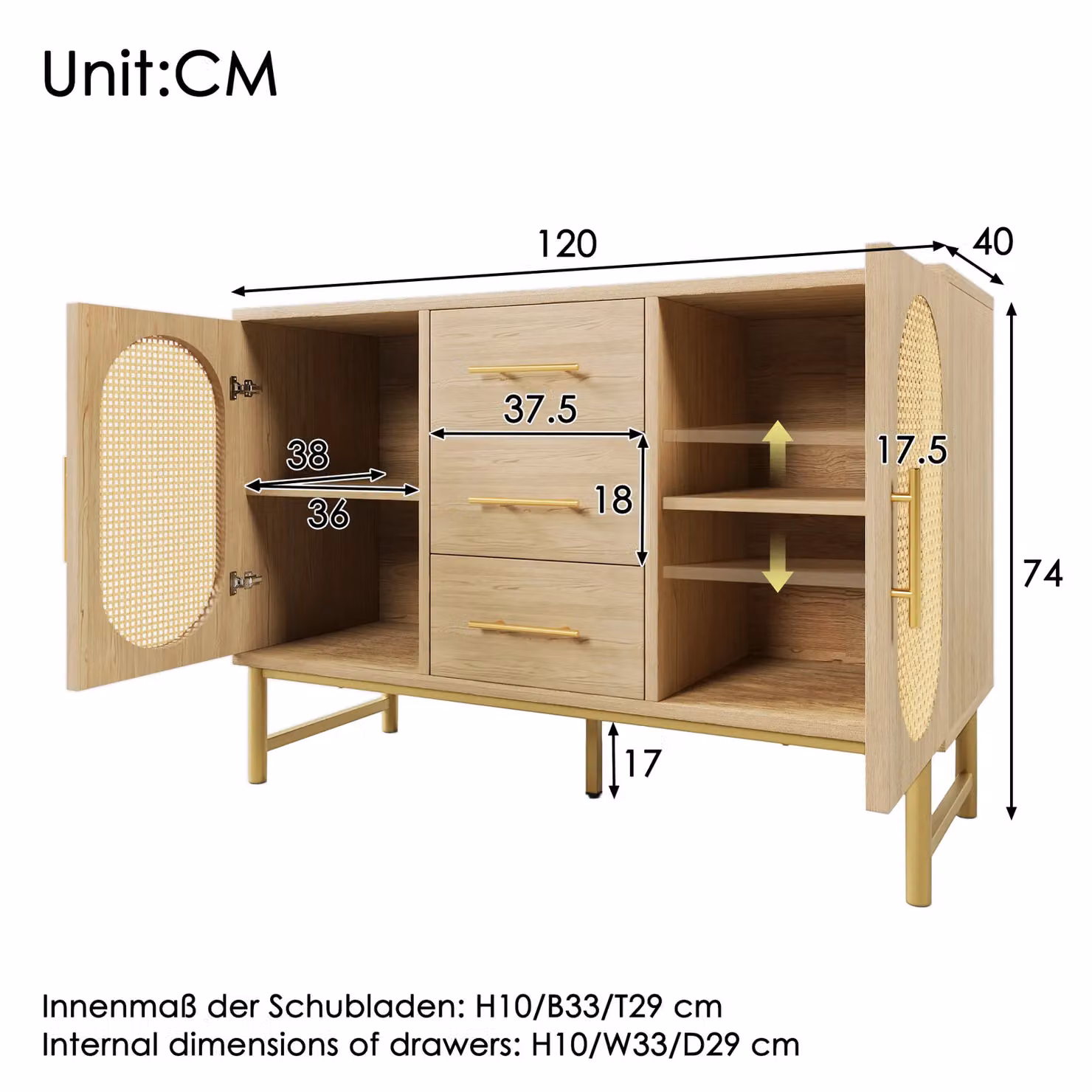 Matteo Rattan Sideboard Storage Cabinet with 2 Doors and 3 Drawers in Light Oak, W/D/H: 120 x 40 x 74 cm – 2