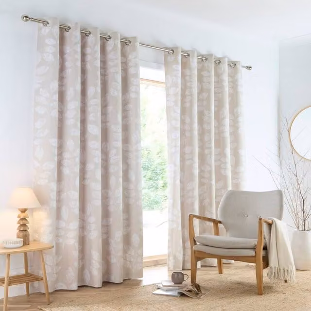 Portfolio Home Boston Botanical Leaf Eyelet Curtain Set, 2 Panels, Beige, Width: 117 cm, Drop: 183 cm