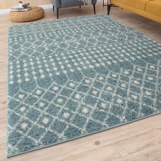 THE RUGS Moroccan Soft High Pile Shaggy Tribal Rug, Duck Egg Blue, W: 160 cm, D: 230 cm
