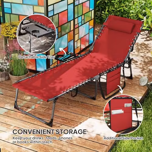 Outsunny Red Folding Sun Loungers with Cup Holder and Side Pocket – 5