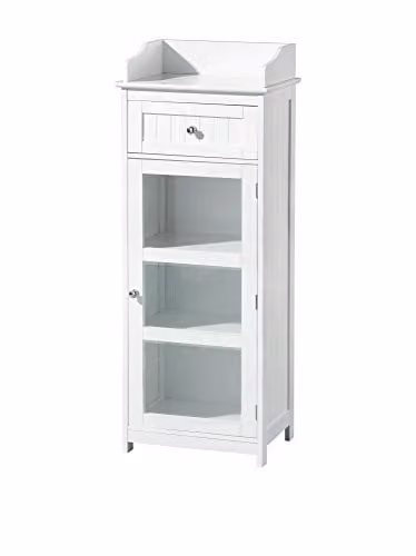 Orsina Modern White Glass Door Floor Standing Slim Storage Cabinet with Internal Shelves and Drawers, H 119 x W 45 x D 33 cm – 1