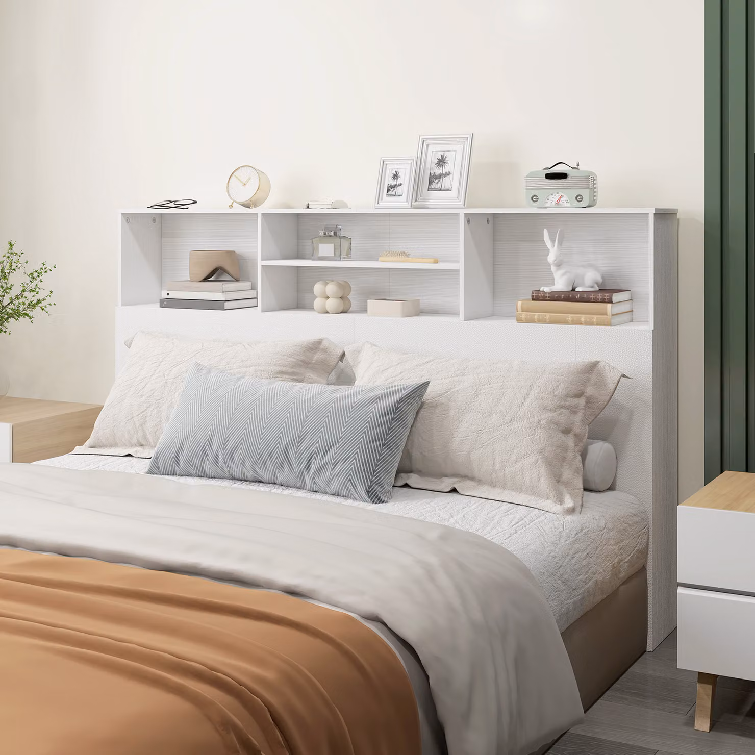 HOMCOM King-Size Freestanding Bed Headboard with 4 Open Storage Compartments, White – 2