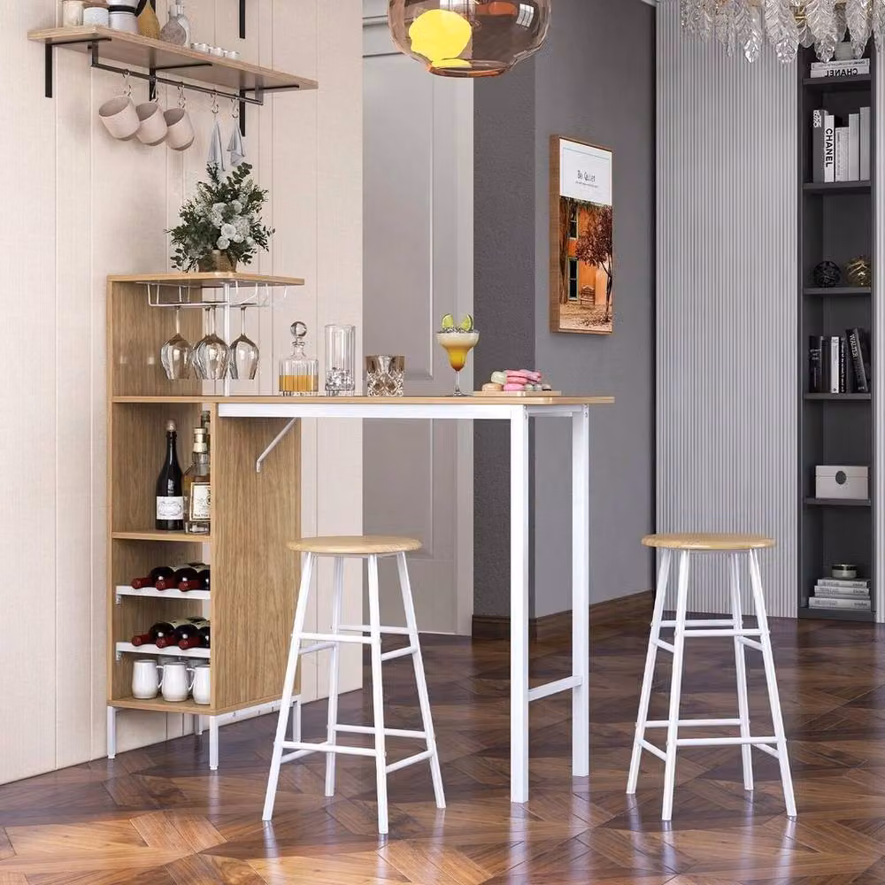 VOGREX 3-Piece Industrial Bar Dining Set with Rectangular Wood Table, 2 Stools and Wine Rack in Brown – 2