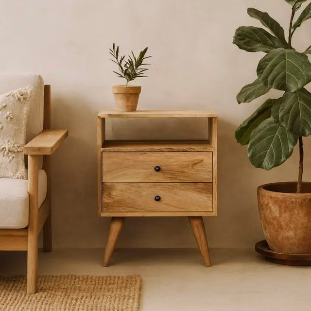 Wyld Haus Megeve Bedside Table with 2 Drawers and Open Shelf in Brown Solid Mango Wood
