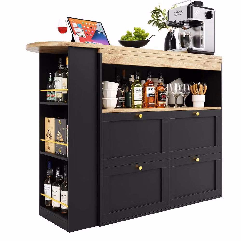 ModernLuxe Swivel Bar Cabinet in Black with 4 Drawers and 3 Storage Shelves, W/D/H: 105 x 39 x 102 cm – 8