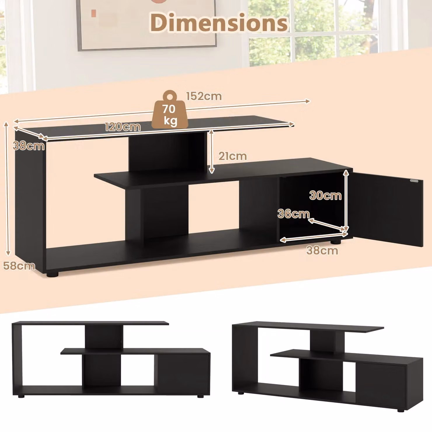 Costway Modern 3-Tier Media Console TV Stand for TVs up to 55 inch, Black – 3