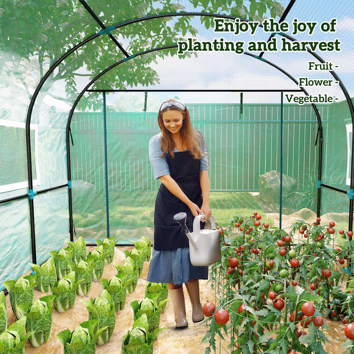 Outsunny Green Walk-In Polytunnel Greenhouse with Roller Window, W: 300 cm, D: 300 cm, H: 200 cm – 6