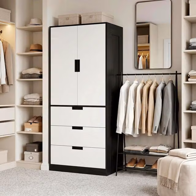 HOMCOM Modern 2 Door Wardrobe with 3 Internal Drawers and Hanging Rod in Mixed Colours – 1