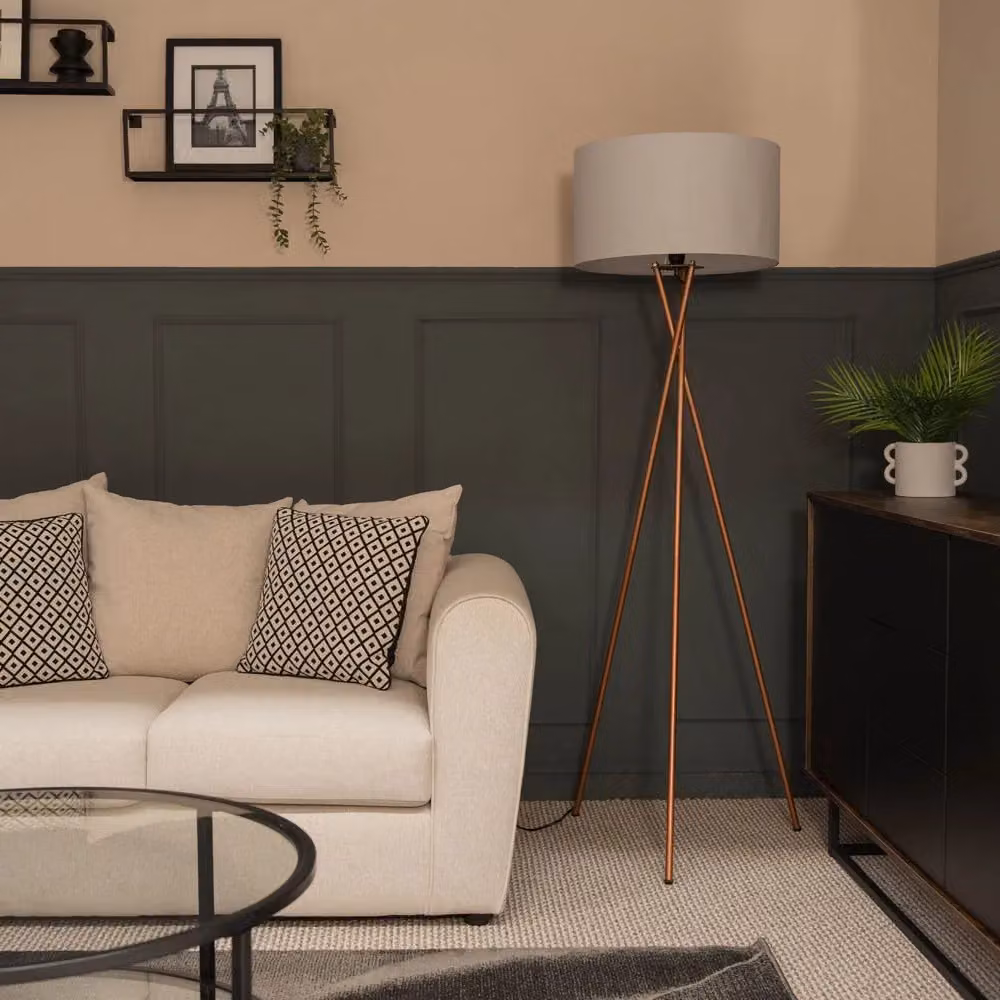 MiniSun Modern Copper Metal Tripod Floor Lamp with Grey Fabric Cylinder Shade – 3