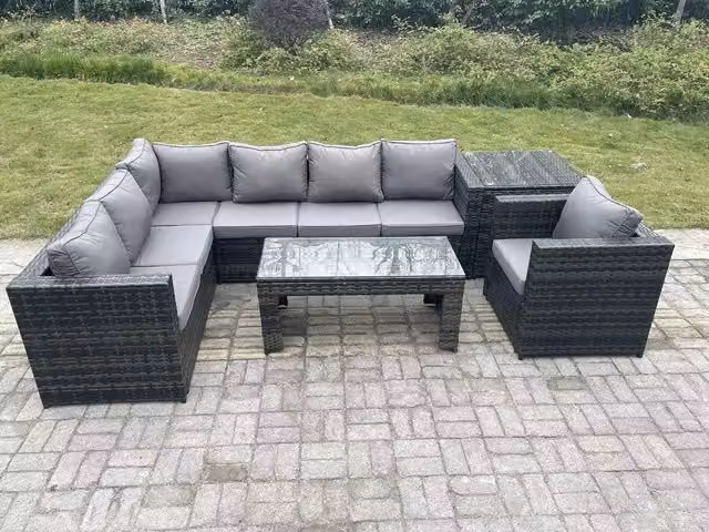 Fimous 7 Seater Rattan Corner Sofa Set with Rectangular Coffee Table and Left Hand Armchair in Dark Grey
