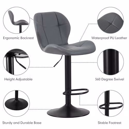 mcc direct Stella Set of 2 Grey Faux Leather Swivel Bar Stools with Backrest and Footrest – 4