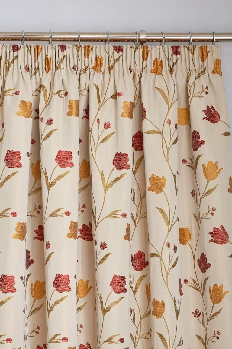 Curtina Juliette Floral Jacquard Fully Lined Pencil Pleat Curtains in Red, Width: 229 cm, Drop: 229 cm