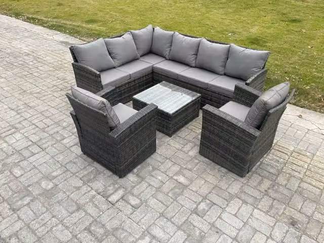 Fimous 8 Seater Outdoor Garden Furniture Set with PE Rattan Corner Sofa, 2 Armchairs and Square Coffee Table in Dark Grey Mixed