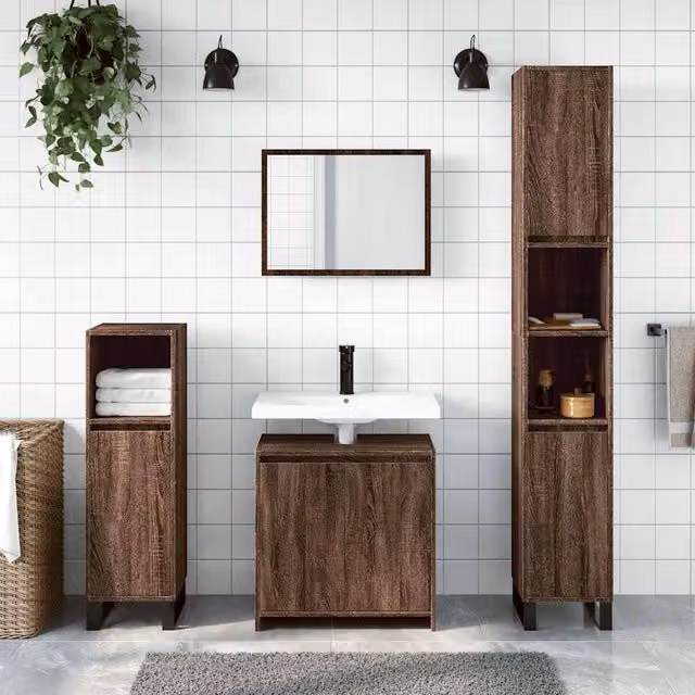 Berkfield Home Modern 2 Piece Brown Oak Bathroom Furniture Set with Vanity Unit and Hinged Doors, W/D/H: 60 x 33 x 61 cm – 1