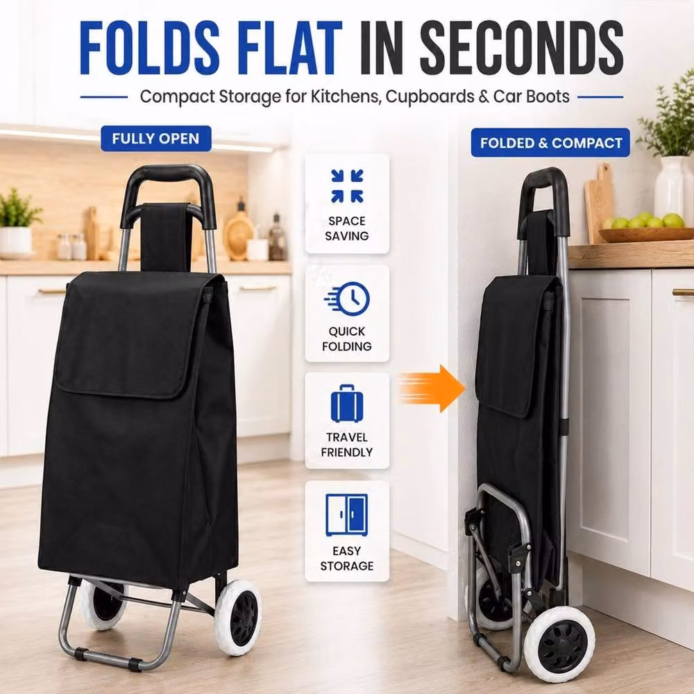 VOGREX 59L 2 Wheel Folding Shopping Trolley, Waterproof Lightweight Cart in Black – 4