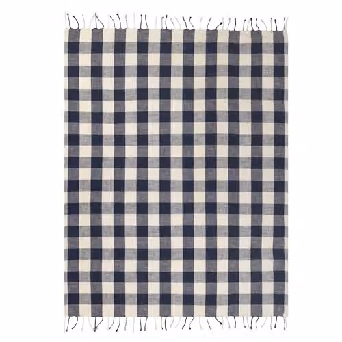 Yard Chesil Check Tasselled Cotton Throw in Blue, W: 130 cm, L: 170 cm – 3