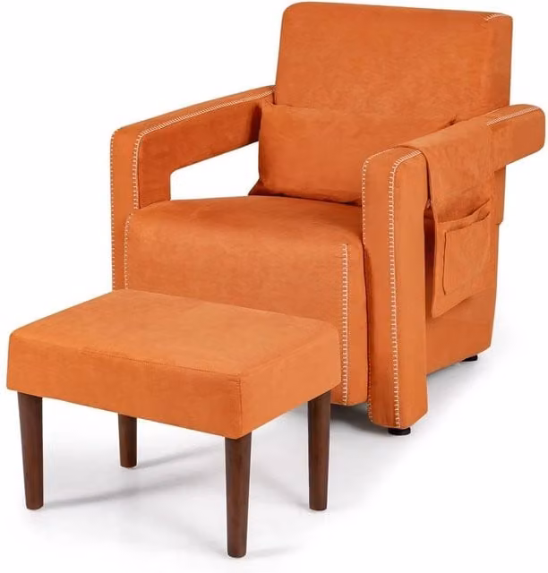 NESTLUNE Modern Upholstered Accent Sofa Chair with Ottoman in Orange