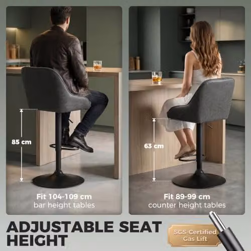 HOMCOM Set of 2 Retro Grey Bar Stools with Metal Legs – 3