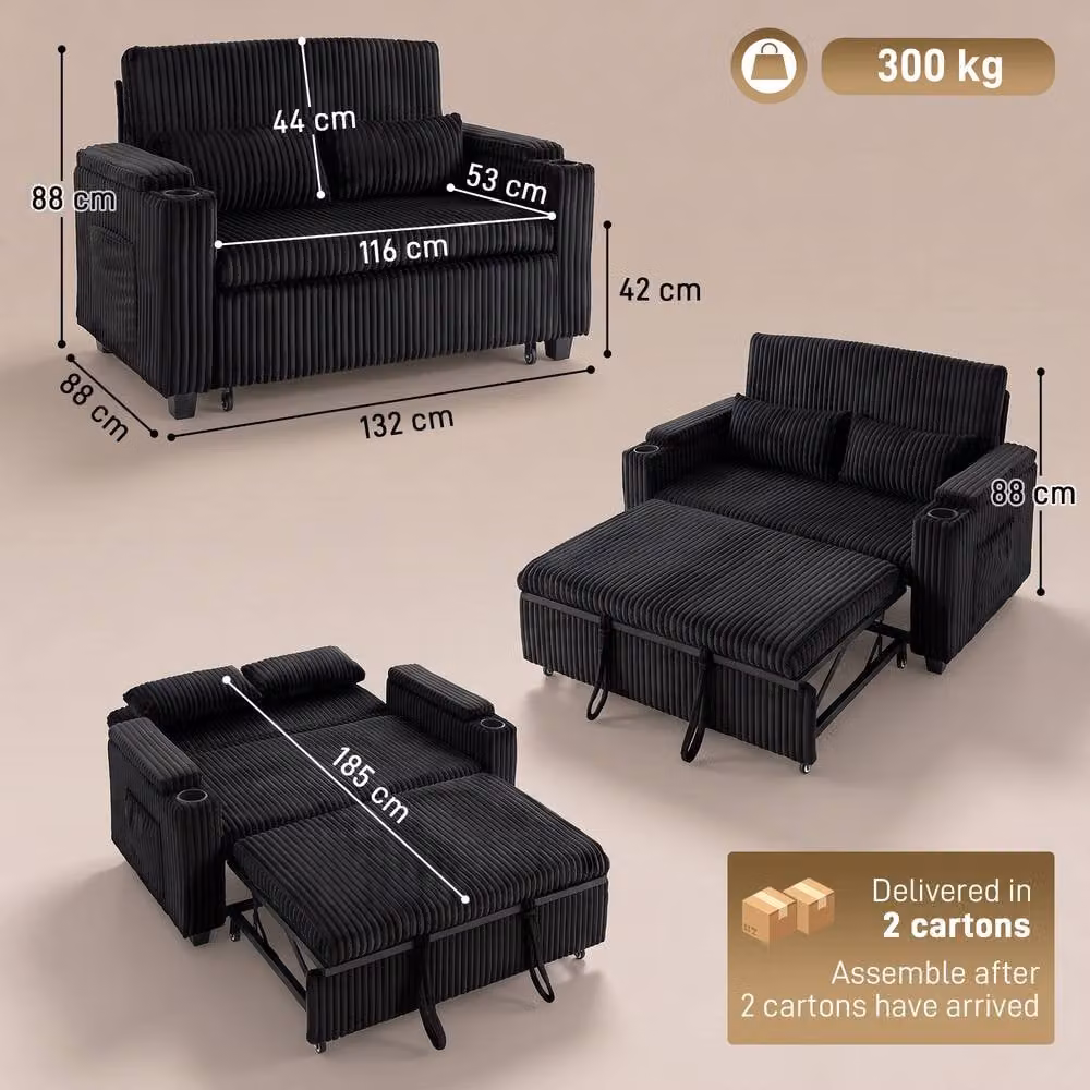 HOMCOM 2 Seater Corduroy Pull Out Sofa Bed in Black – 3