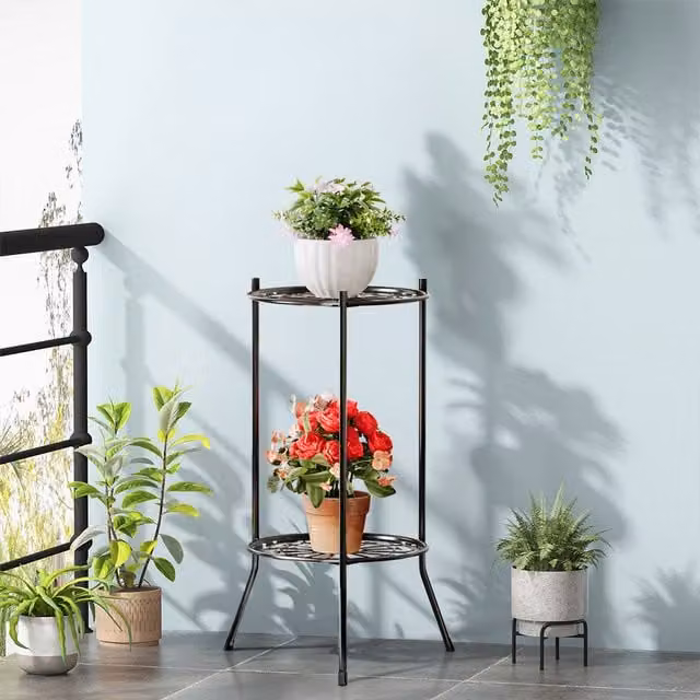 Lifeideas 2-Tier Retro Metal Garden Plant Display Stand in Matt Black