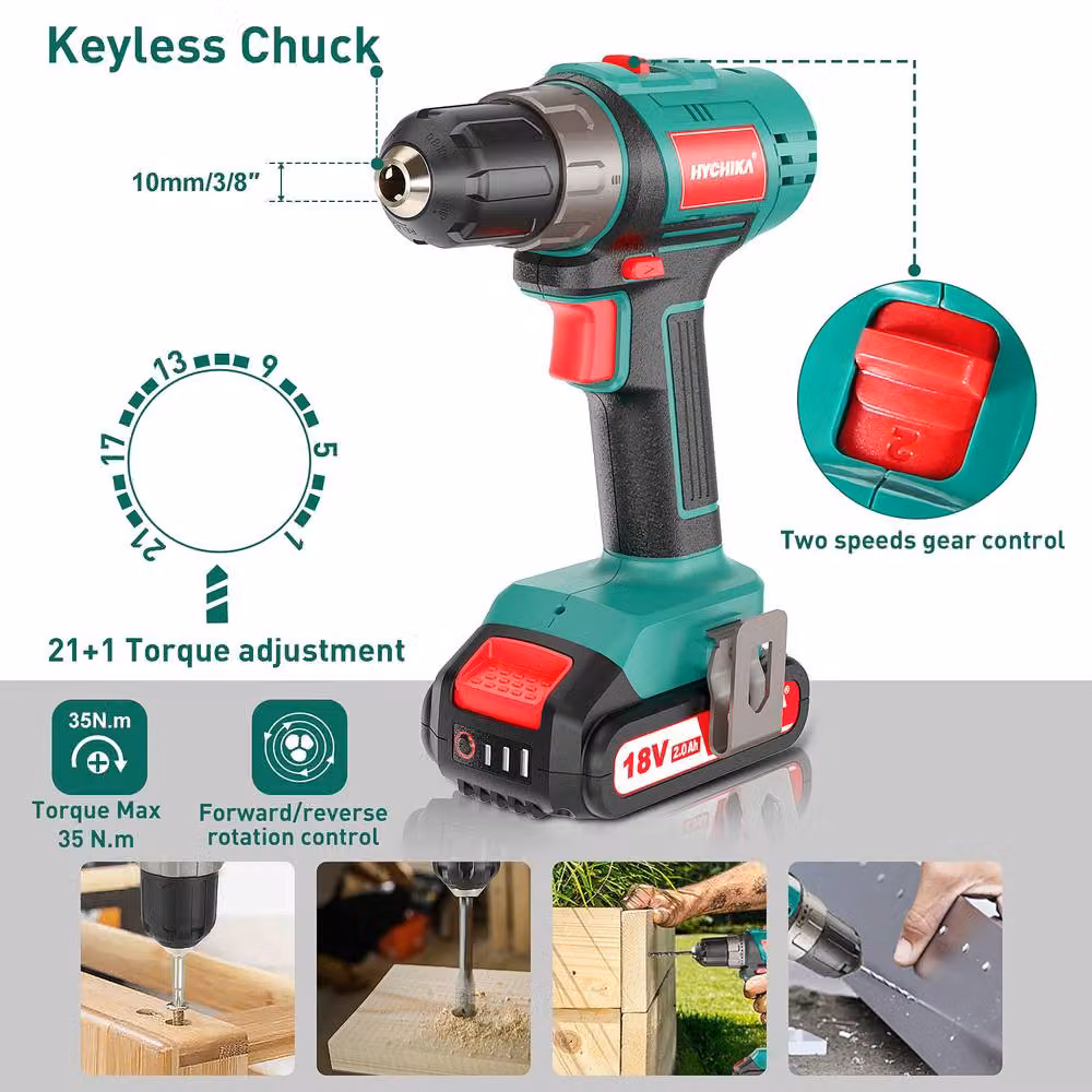 HYCHIKA 18V Cordless Drill Driver with 1.5Ah Rechargeable Battery, 45Nm, 2 Speed, Green – 3