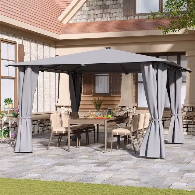 Livingandhome Solar LED Metal Garden Gazebo with Curtains in Light Grey
