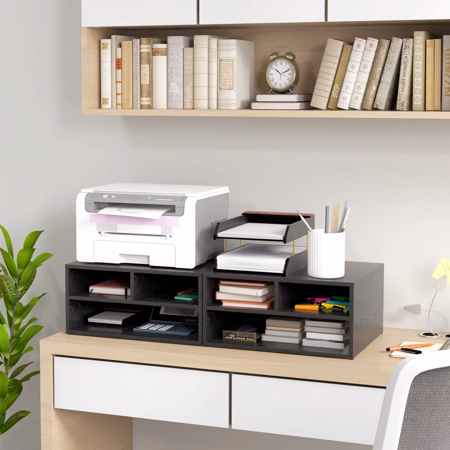 HOMCOM Black 2-Tier Desktop Printer Stand and Desk Organiser with 3 Open Compartments for your Home Office – 6
