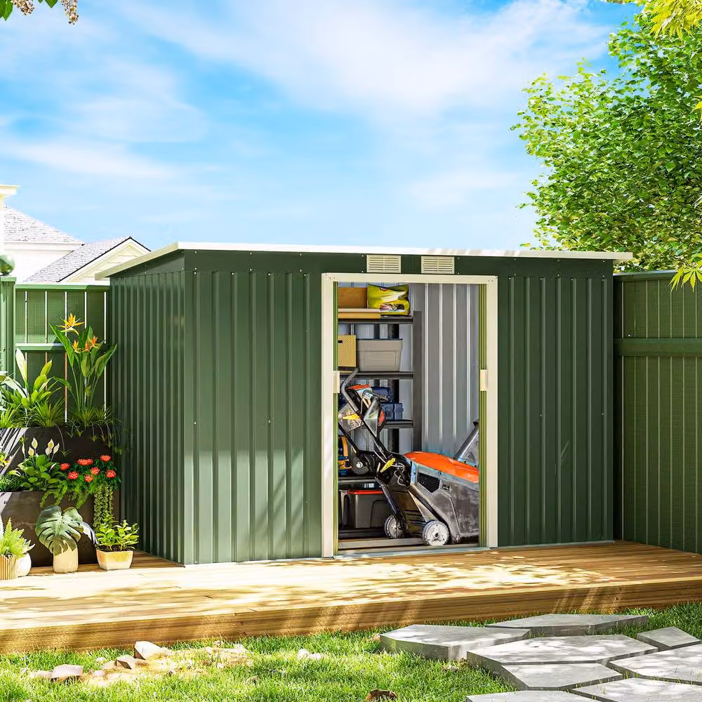 Rolipo Metal Garden Shed with Foundation Kit and Apex Roof, Light Green, W: 274 cm, D: 122 cm, H: 203 cm – 4