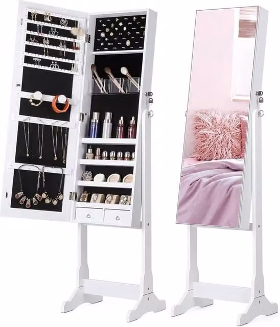 PAWNORA White Freestanding Jewelry Storage Cabinet with Mirror, Internal Drawers and Shelves
