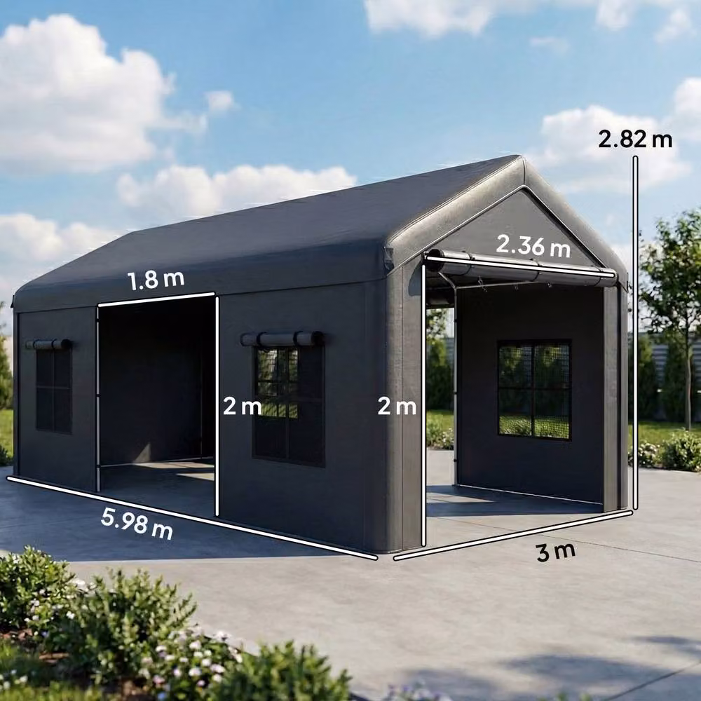 OUTSUNNY Heavy Duty Gable Carport with 3 Doors and Windows, Dark Grey, W: 600 cm, D: 300 cm, H: 282 cm – 3